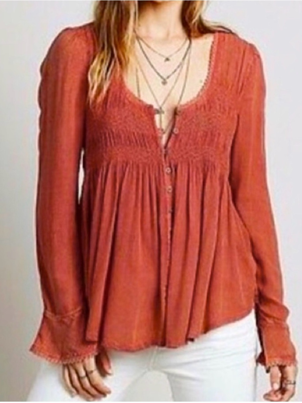 Free People 'Blue Bird' Smocked Tunic top Rust Color Women’s Size XS